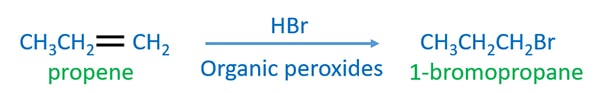 propene + HBr in the presence of organic peroxides